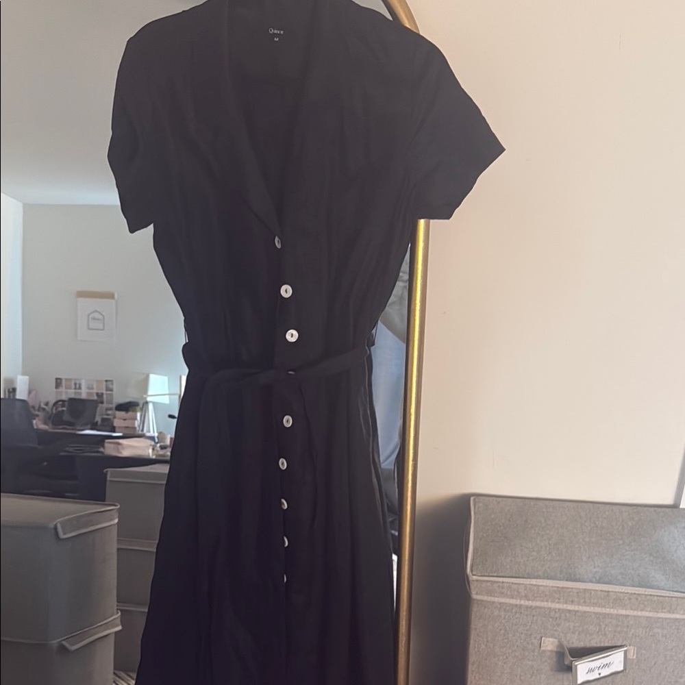 Quince Black Button-Front Midi Dress with Self Tie